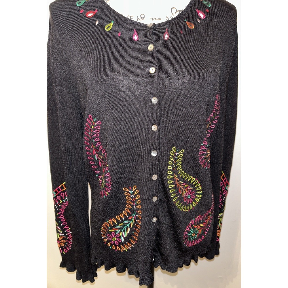 Yarns & Stitches Fluorescent‎ Paisley On Black Sweater Sz M Cardigan Embroidered